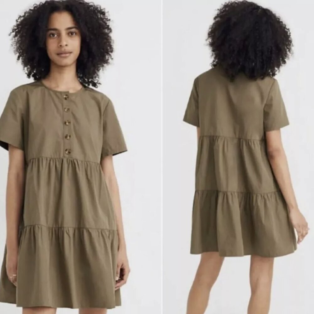 Madewell 100% Cotton Olive Green Button Front Short Sleeve Tiered Mini Dress L